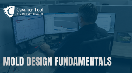 Mold Design Fundamentals Title Card. Blue Background with White Cavalier Shield Logo in top left corner. Silver Metallic Font in bottom left reads "Mold Design Fundamentals".